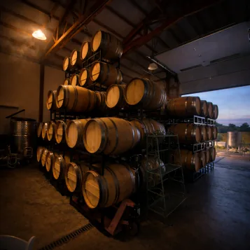 Barrels in the Kindred cellar at dusk